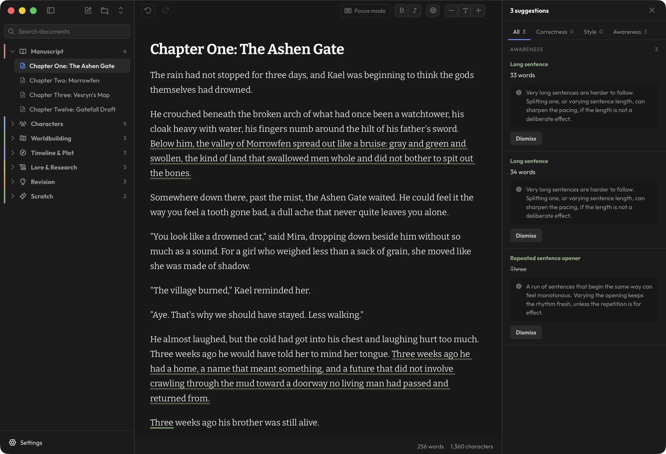 Clive's suggestions panel open, showing long-sentence and repeated-opener notices, each with an explanation.
