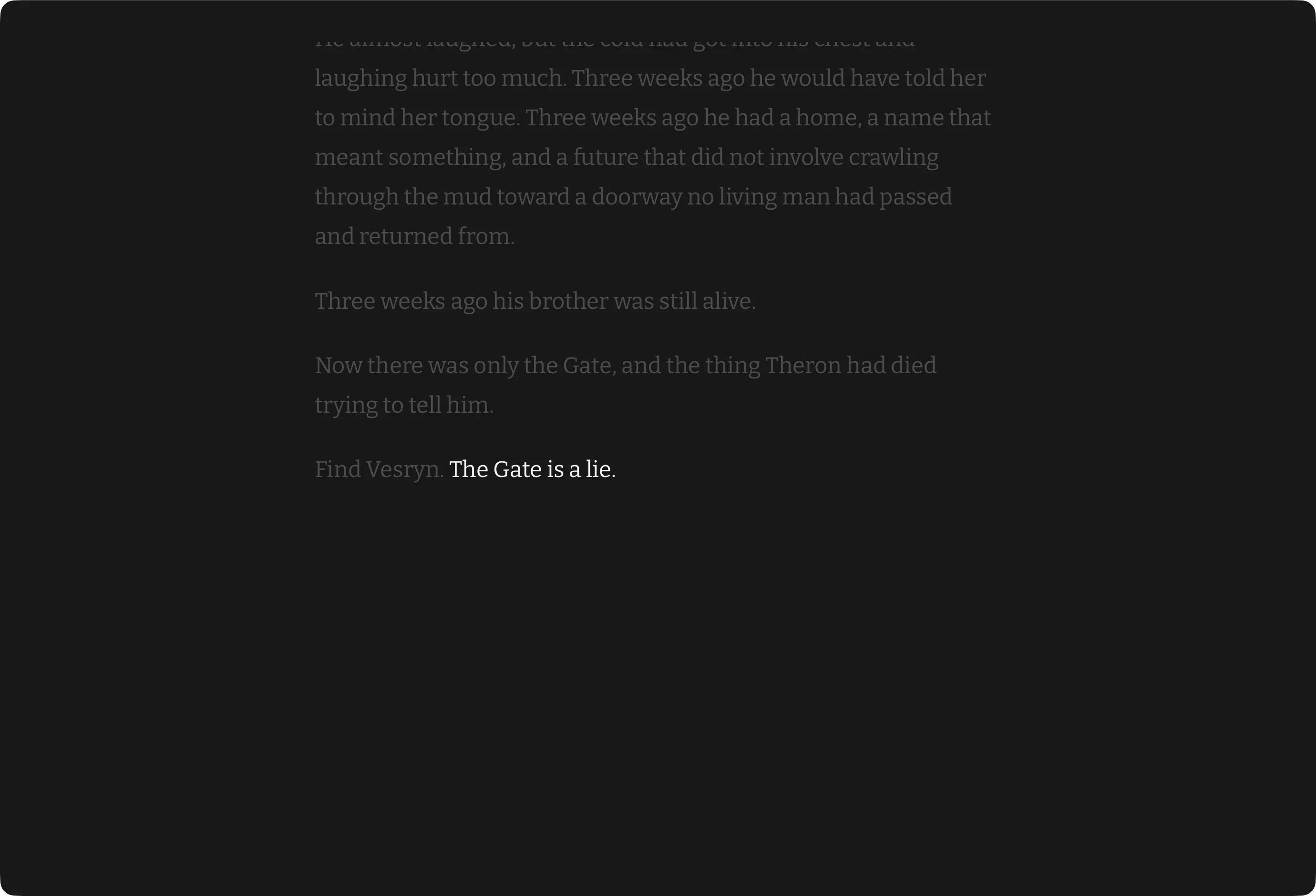 Clive in focus mode: the page dimmed to a whisper except the single sentence being written.